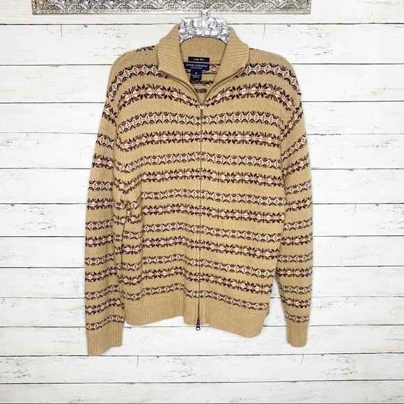 Daniel Cremieux Fair Isle Lambs Wool Full Zip Tan Grandpa Cardigan Medium - Picture 7 of 7